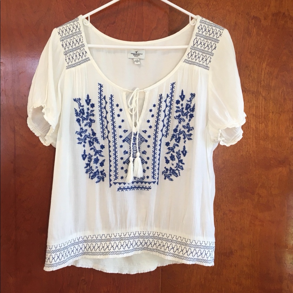 American Eagle Embroidered Peasant Top Tassel